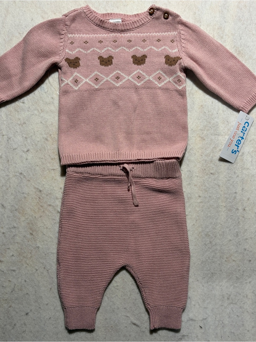 Carter's Baby Girl Pink Teddy Bear Knit Sweater & Pants Outfit Set 3M NWT